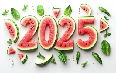 Naklejka premium 2025 Made from Slices of Juicy Watermelon and Mint Leaves Isolated on a White Background