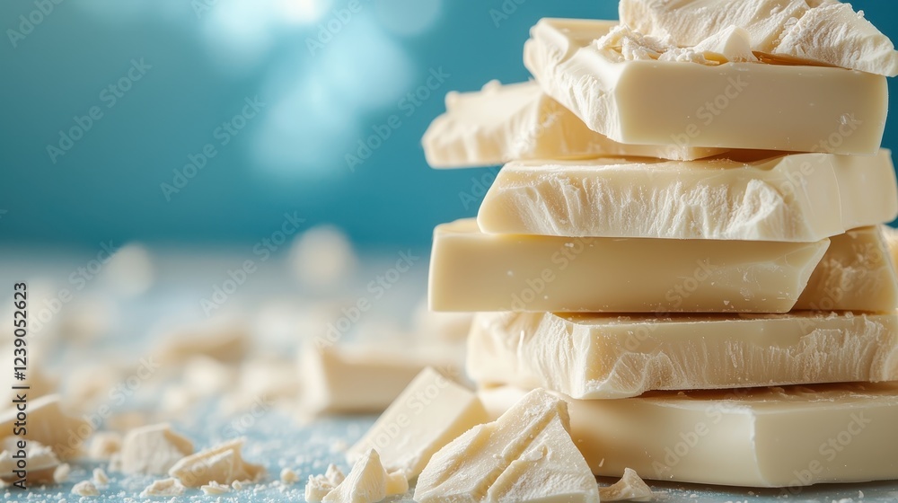 Poster this image showcases a beautifully arranged stack of white chocolate bars, highlighting their smooth