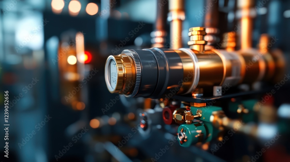 Poster this image showcases a close-up view of an intricate industrial brass pipe connection system, emphas