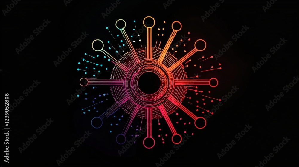 Poster vibrant circular design with radiating lines and dots in rainbow colors