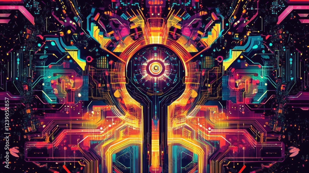 Poster ai symbol designed with intricate circuit board patterns, surrounded by vibrant colors and tech-insp