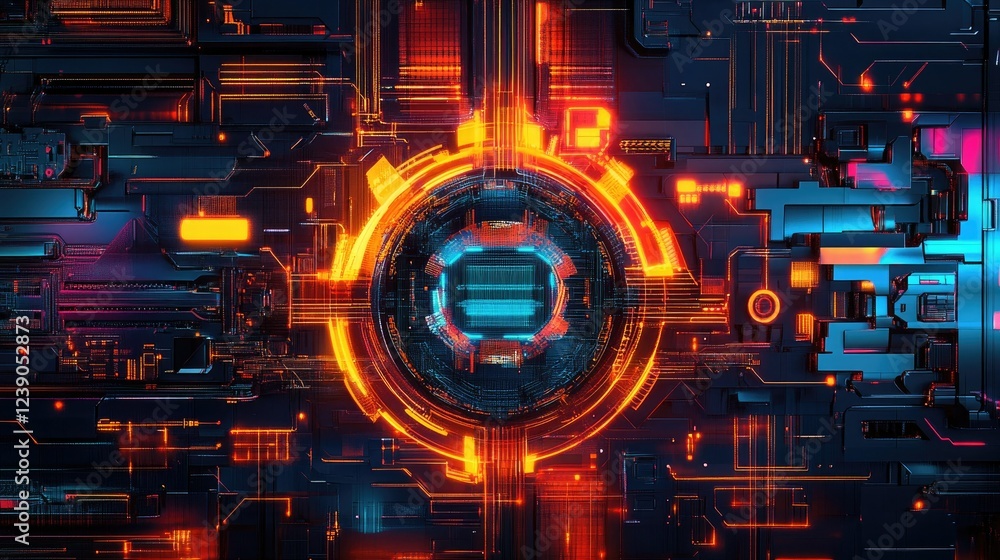 Poster ai symbol designed with intricate circuit board patterns, surrounded by vibrant colors and tech-insp