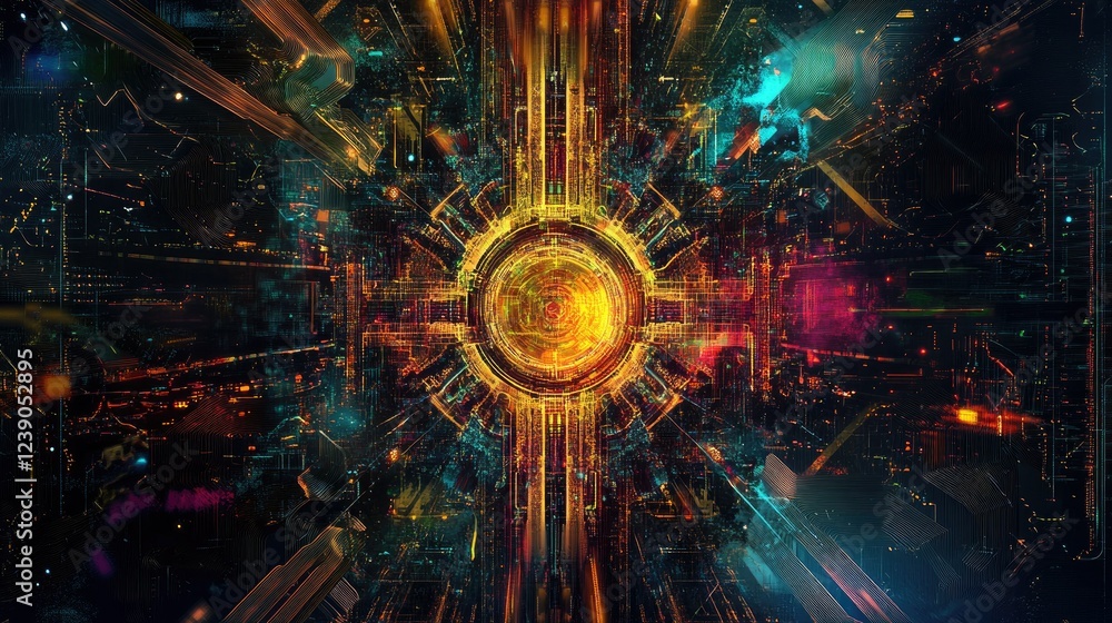Poster ai symbol designed with intricate circuit board patterns, surrounded by vibrant colors and tech-insp