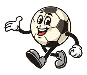Cartoon mascot character of Football or Soccer ball is walking leisurely
