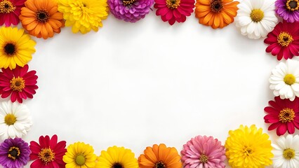 Gerbera daisy frame with vivid yellow, red, white, and purple flowers, fresh floral background, perfect for wedding invitations, festive decorations, social media graphics, and elegant branding