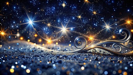 Fototapeta premium Magical Starry Night: Silver Shimmering Swirls and Sparkling Glitter on Black Background