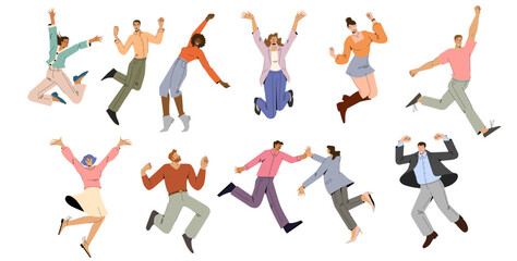 Happy characters jumping from joy, fun. Young excited people celebrating success, achievement. Free active men, women with positive energy. 