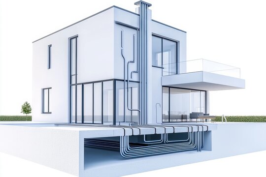 Modern house with visible underground plumbing pipes, illustrating infrastructure and drainage systems in a cross-sectional view