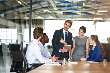 Meeting, tablet and lawyers online for report in office, justice case collaboration and teamwork....