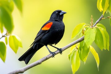 Red-winged Blackbird on Branch - A striking red-winged blackbird perches on a slender branch, surrounded by vibrant green leaves.  The bird's plumage is beautifully detailed.