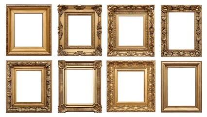 Gold ornate picture frames set, vintage baroque design, luxury decorative antique borders, empty golden frames isolated on white, elegant classic art frame collection for paintings and photography