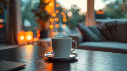 Fototapeta premium A simple white coffee mug rests beside a closed laptop, casting a calming atmosphere in a cozy office environment
