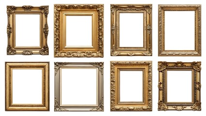 Antique gold picture frames collection, luxury baroque style, vintage decorative ornate borders, empty classic frames set, elegant golden art frame designs for paintings, photos, and digital artwork