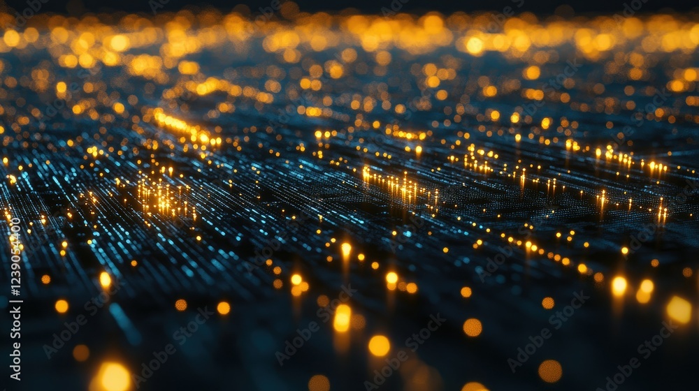 Poster blockchain data blocks interconnected in a luminous network, illustrating cryptocurrency technology 