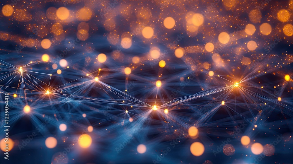 Poster blockchain data blocks interconnected in a luminous network, illustrating cryptocurrency technology 