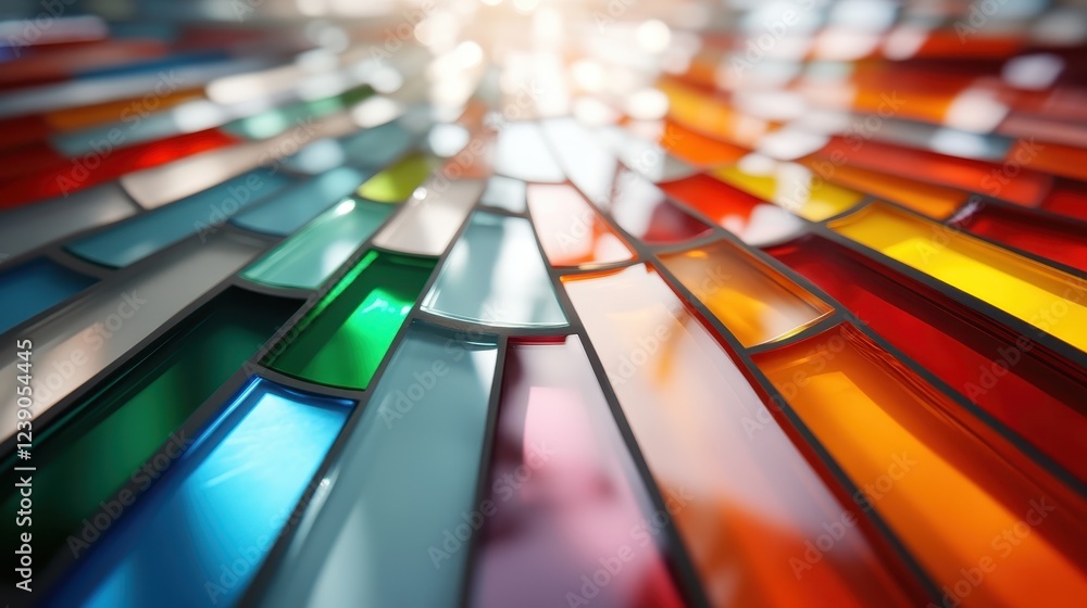 Poster a stunning display of stained glass patterns that create captivating light reflections, showcasing t