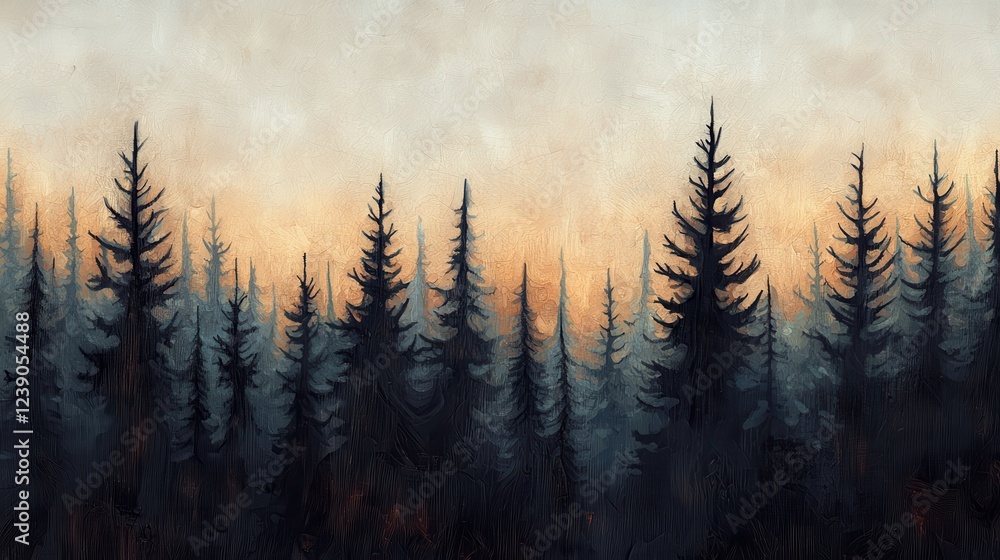 Poster A serene forest landscape with tall pine trees silhouetted against a soft, hazy sky, creating a tranquil and atmospheric scene at dusk.