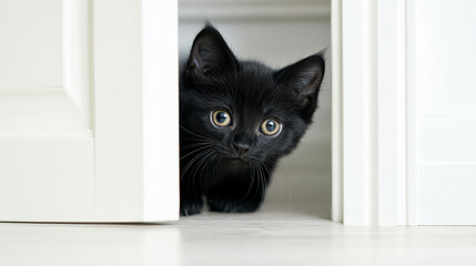 A curious black kitten peeks around a white door frame, with bright eyes and a playful expression, symbolizing innocence and curiosity in a home setting.