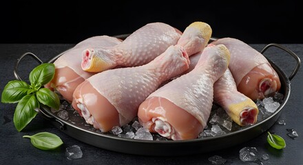Fresh Chicken Drumsticks on Ice Ready to Cook