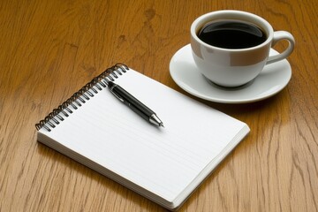 A warm cup of coffee with a notebook and pen on a wooden table