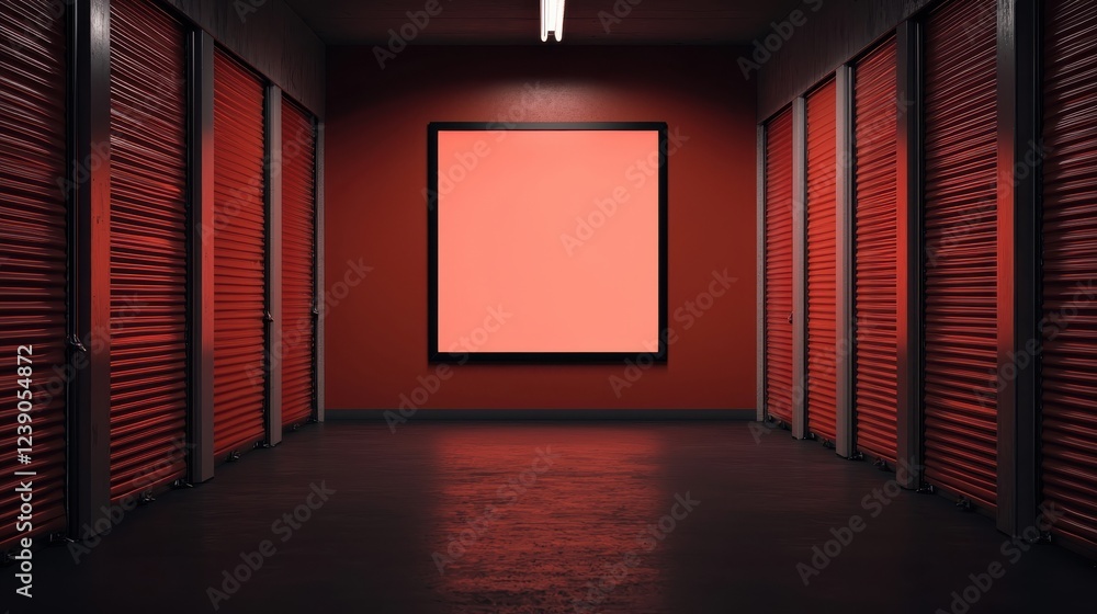 Poster A minimalist gallery space featuring red walls, a large blank square central artwork, and shuttered storage units on either side, creating a striking visual contrast.