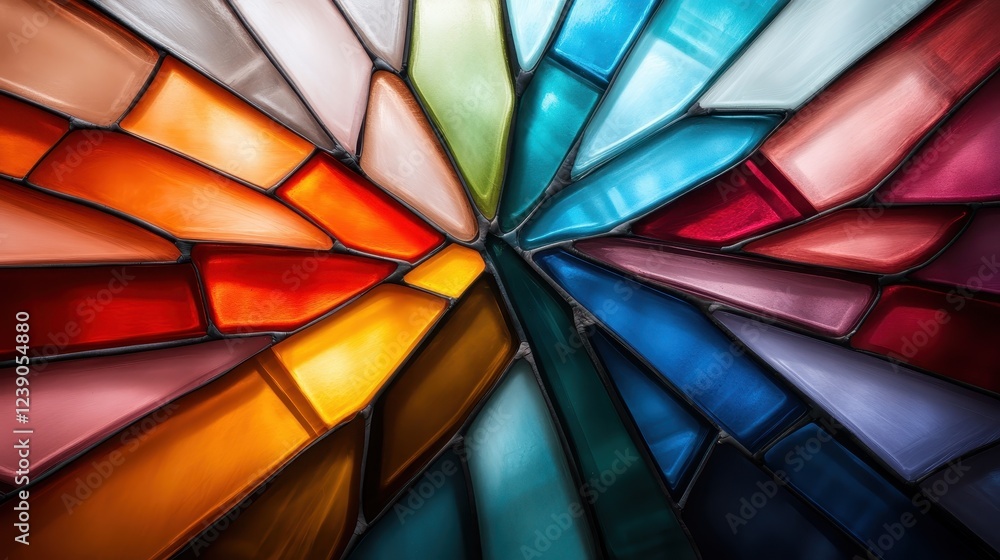 Poster a beautifully crafted stained glass window where light filters through abstract shapes, creating a m