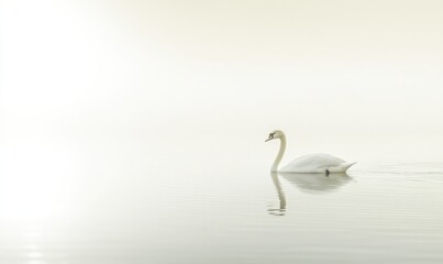 A beautiful white swan is gracefully swimming in the water during sunset