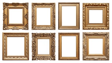 Antique gold frames set, vintage baroque style, classic decorative ornate frame collection, luxury golden picture borders, empty frames for art, paintings, digital artwork, and photography