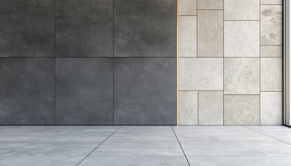 Fototapeta premium Rough gray concrete wall with natural stone details and smooth tile flooring, perfect for urban and architectural themes