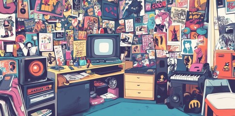 A Retro Room Decorated With Colorful Posters and Music Equipment