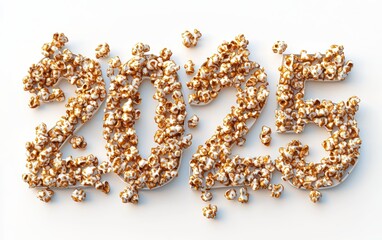 2025 Shaped from Crunchy Popcorn with Caramel Drizzle Isolated on a White Background