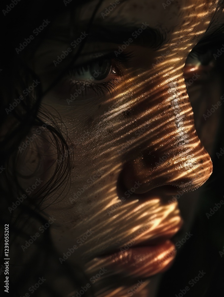 Poster soft lighting casts intricate patterns across the face, evoking emotion and texture in a moment of q