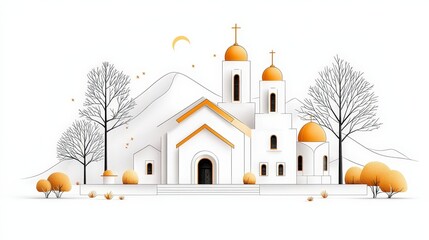Fototapeta premium Serene Mountain Church with Golden Domes and Bare Trees in a Minimalist Style