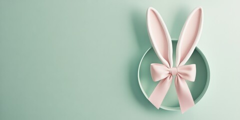Pastel easter bunny ears with pink bow on green background concept