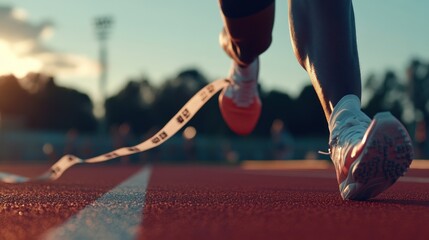 Runner Crossing Finish Line at Sunset Track Race