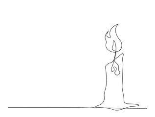 Continuous one line drawing of burning fire candle. Candle in single line draw illustration. Editable stroke.