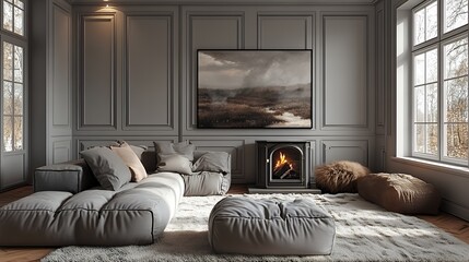 Serene Misty Landscape Artwork in a Modern Grey Living Room