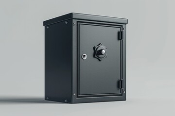 A sleek black safe on a white background symbolizes security and wealth in a softly lit scene