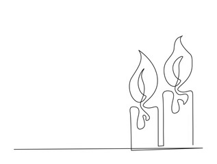 Continuous one line drawing of burning fire candle. Candle in single line draw illustration. Editable stroke.