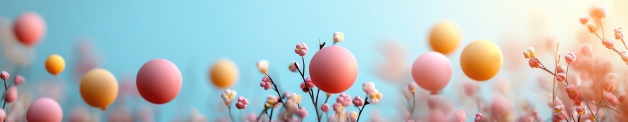 Soft pink and orange spheres float above a field of delicate pink and white blossoms. The background is a soft blue, creating a dreamy and ethereal atmosphere.  The image has a bright, airy feel with