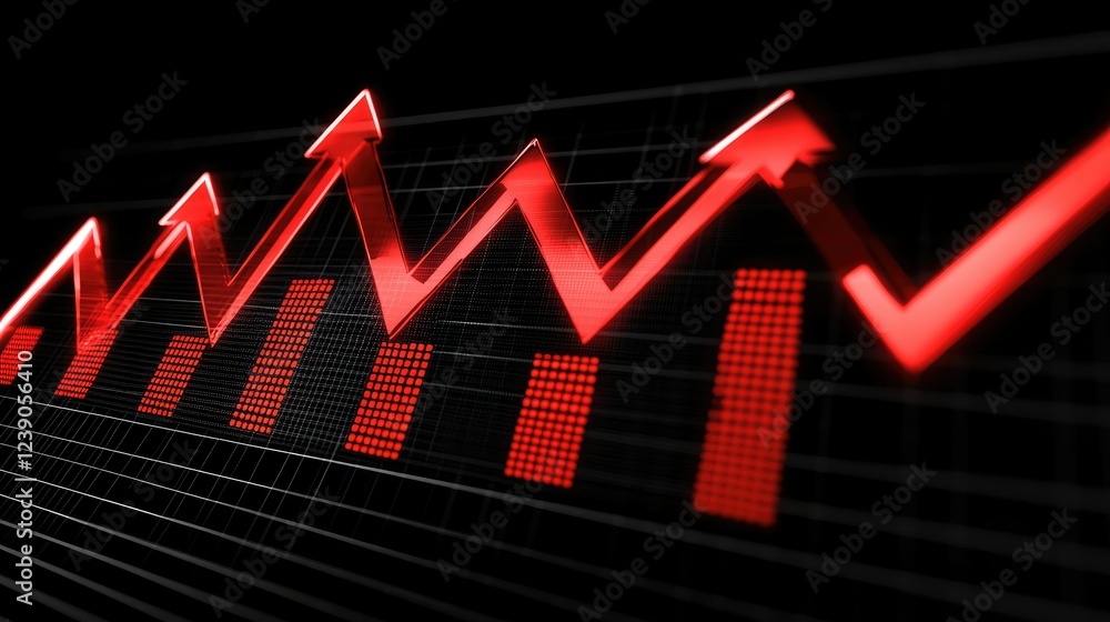 Poster bold red arrows and upward trends on a black grid background with glowing points and bar charts illu