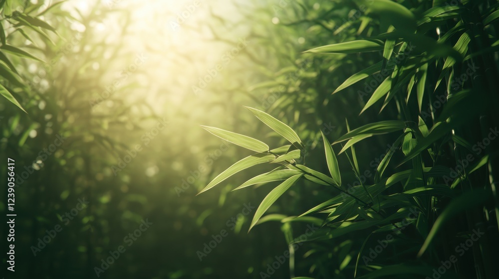 Poster a serene sunlit bamboo grove with lush green leaves, creating a tranquil and refreshing atmosphere.
