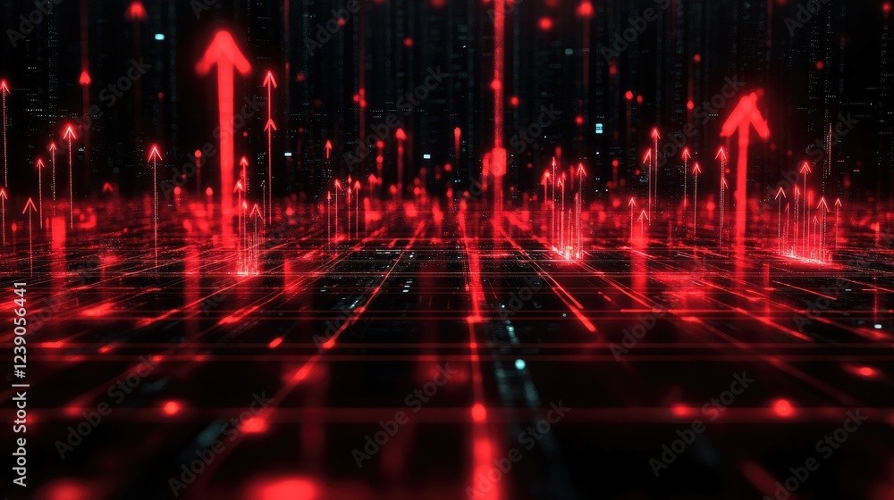 Poster bold red arrows and upward trends on a black grid background with glowing points and bar charts illu