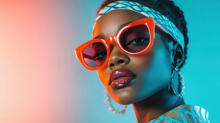 This portrait captures a striking woman with oversized orange sunglasses, showcasing her confidence and bold fashion choices against a vivid gradient background.