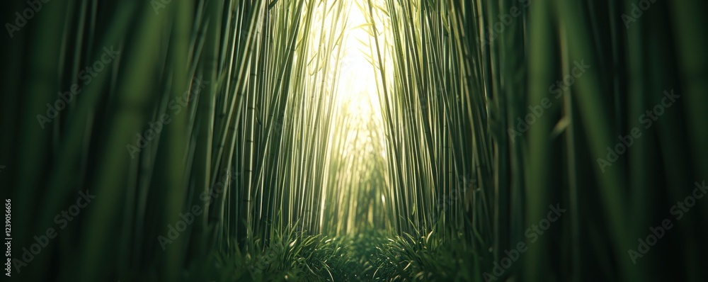 Poster A serene bamboo forest with sunlight filtering through tall stalks, creating a tranquil and enchanting atmosphere.