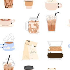 Coffee cups and glasses, seamless pattern design. Caffeine drinks, endless background. Flat vector illustration for textile, wrapping, wallpaper, decor