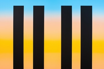 Obraz premium Thin black vertical bars overlaying a bold gradient from cool blue to warm yellow, creating a striking and futuristic composition
