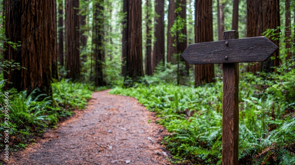 Poster a serene forest path surrounded by tall trees and lush greenery, featuring a rustic wooden signpost.