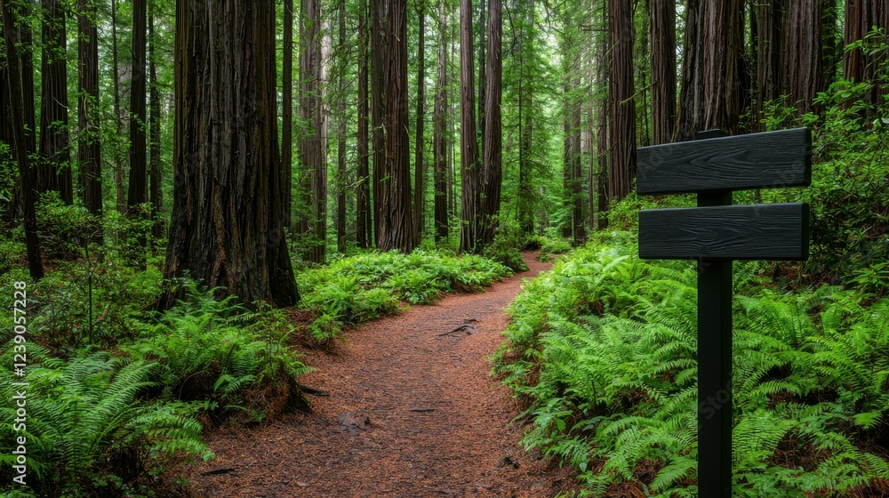 Poster a serene forest path meanders through towering redwoods, surrounded by lush ferns and greenery, invi