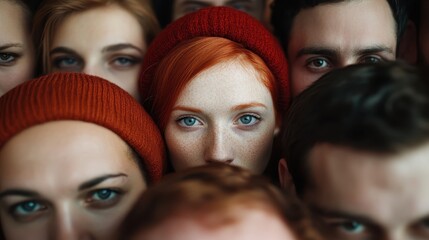 A striking close-up featuring a diverse group of young people, their facial expressions capture a...